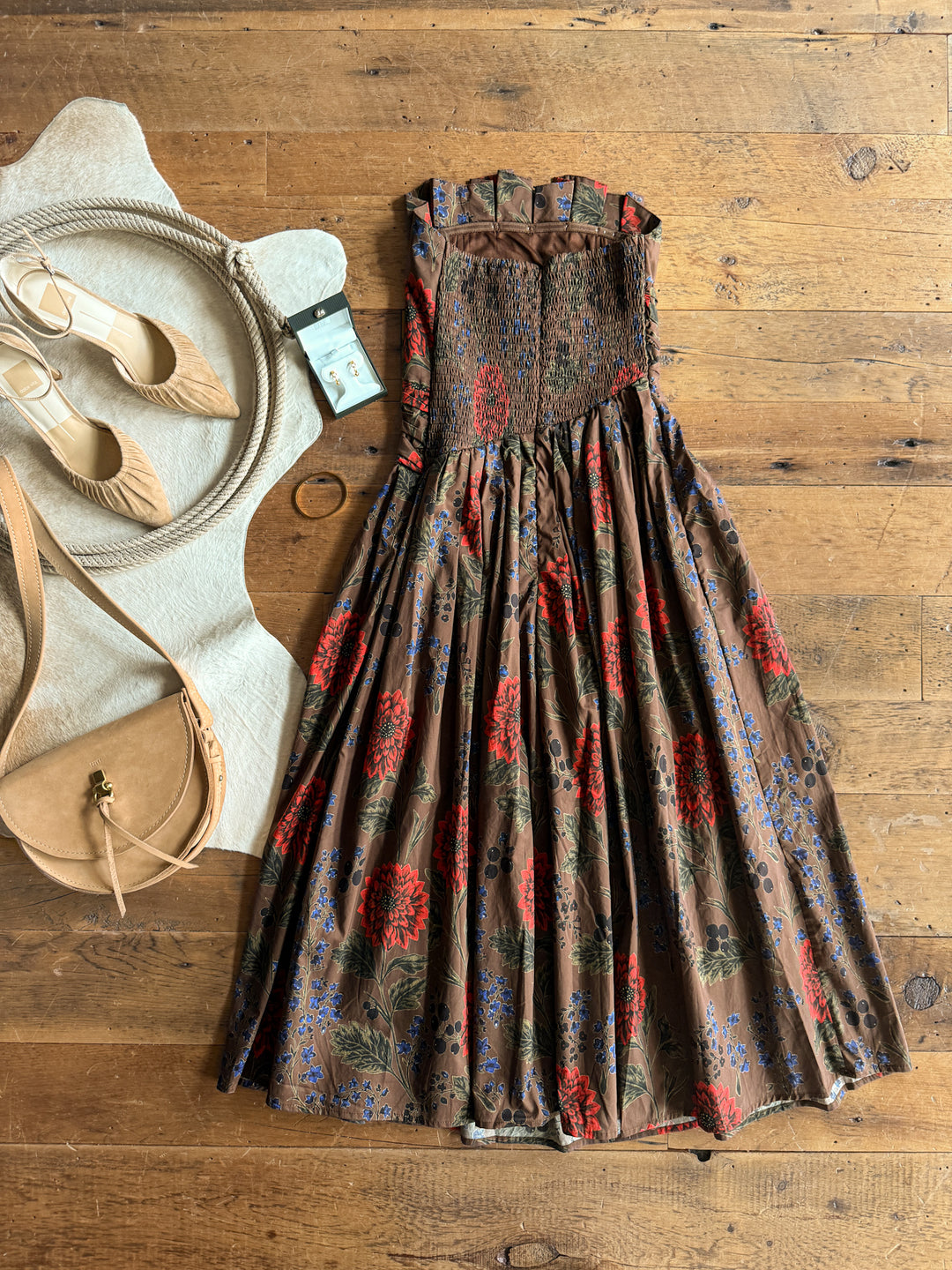 Coppell Brown Floral Strapless Dress