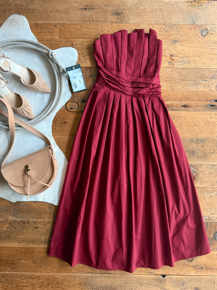 Coppell Maroon Strapless Pleat Dress