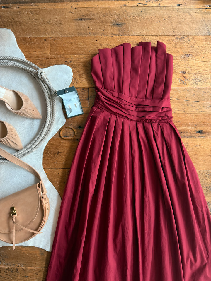 Coppell Maroon Strapless Pleat Dress