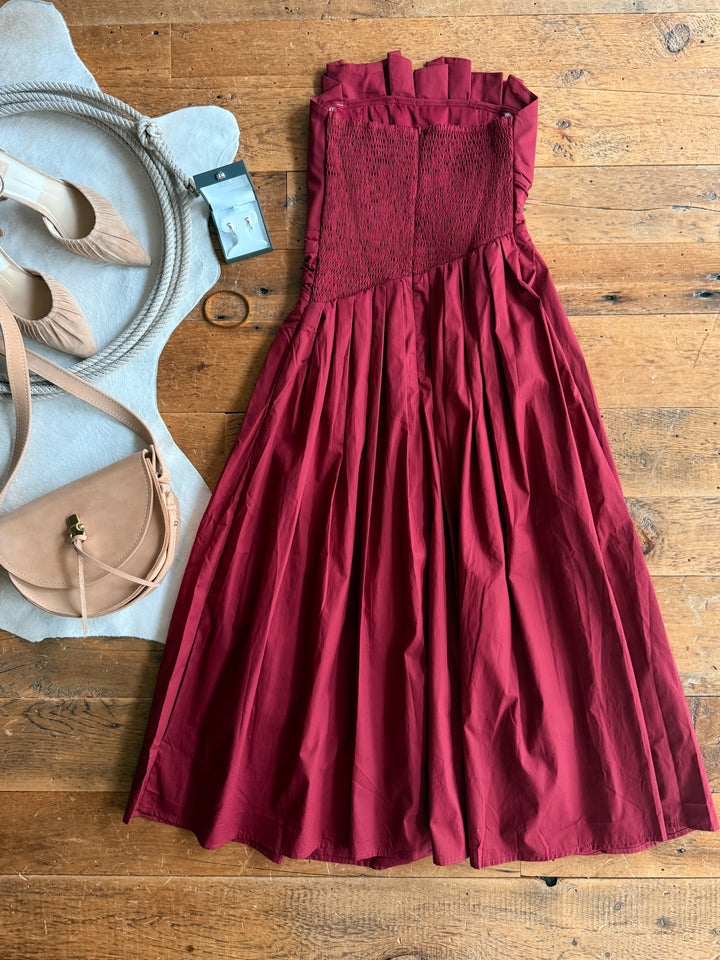 Coppell Maroon Strapless Pleat Dress