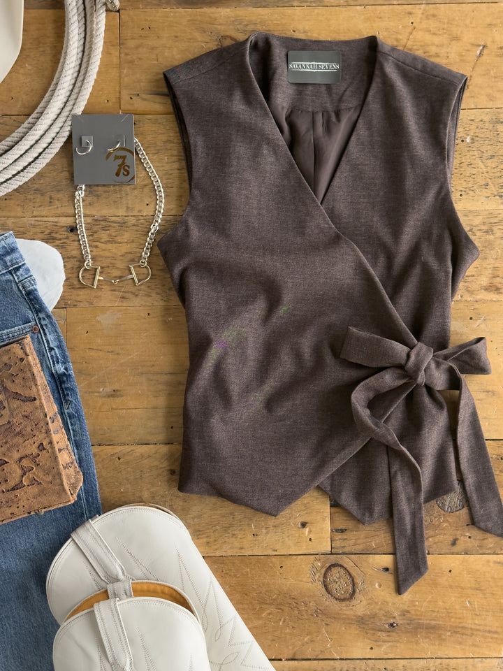 Straton Charcoal Brown Side Tie Vest Top
