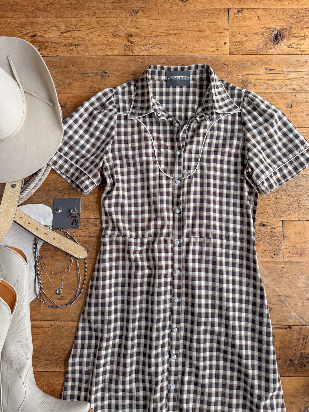 Wynnewood Espresso Gingham Pearl Snap Dress