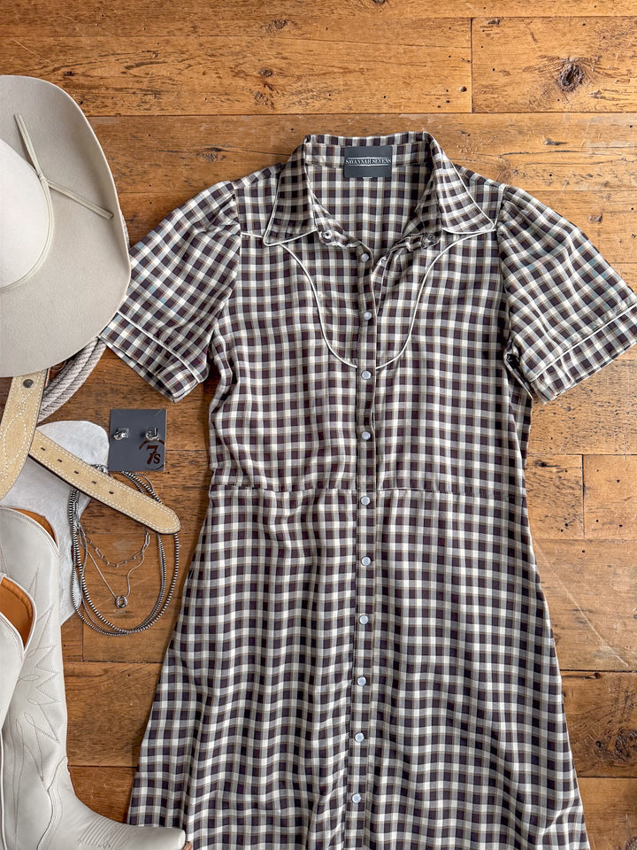 Wynnewood Espresso Gingham Pearl Snap Dress