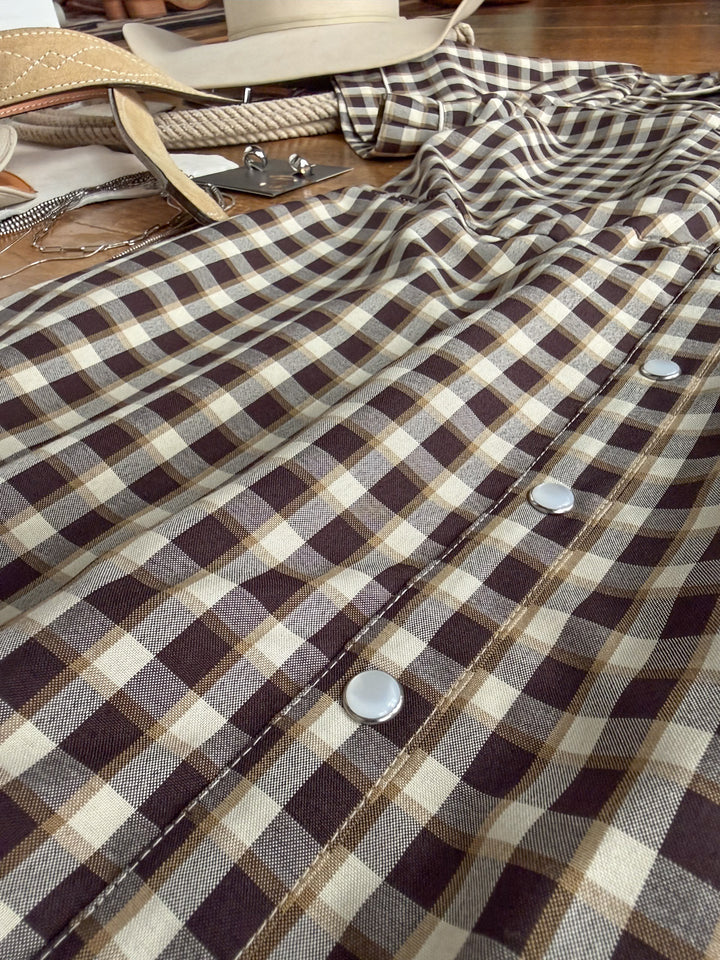 Wynnewood Espresso Gingham Pearl Snap Dress