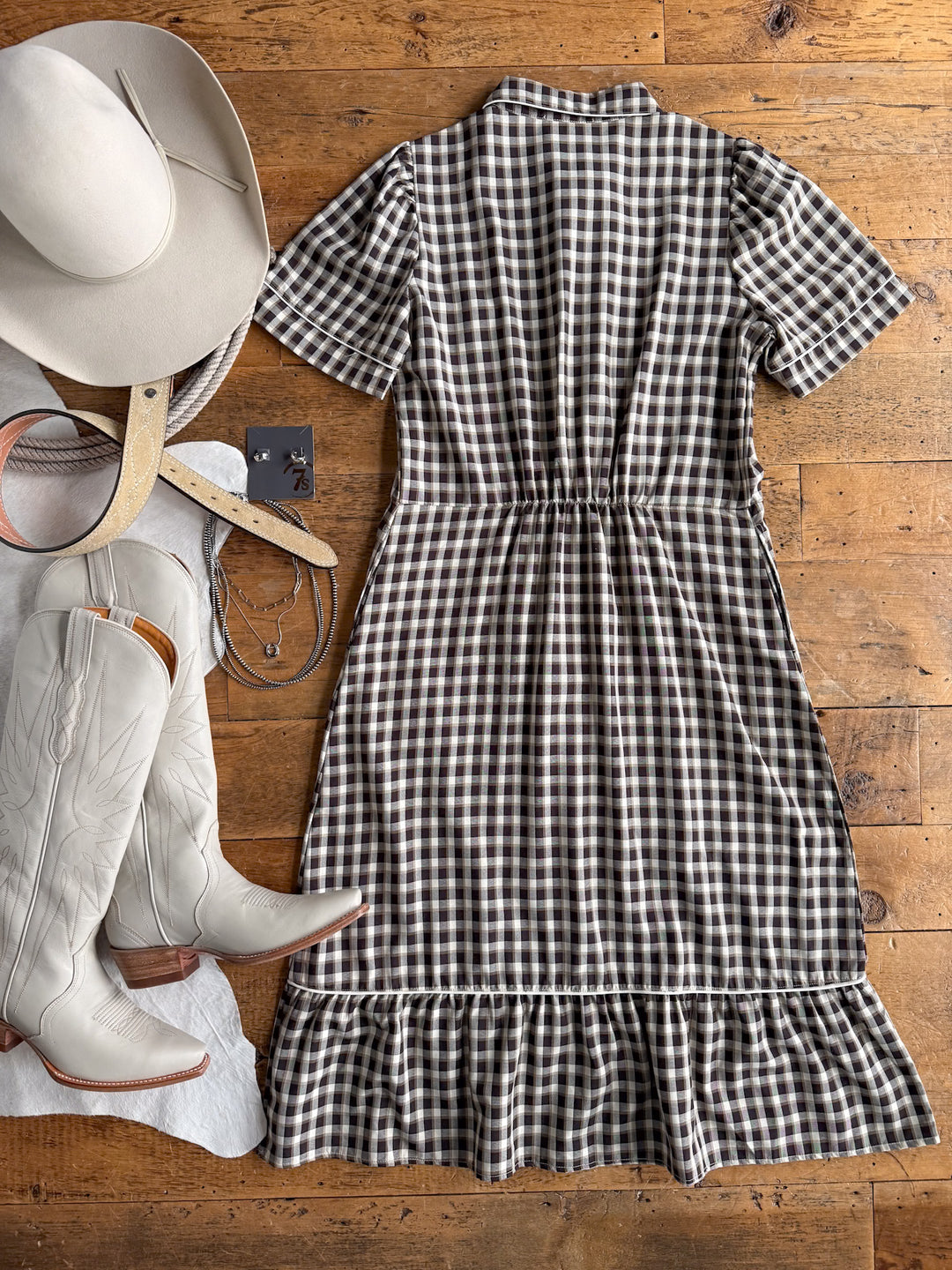 Wynnewood Espresso Gingham Pearl Snap Dress