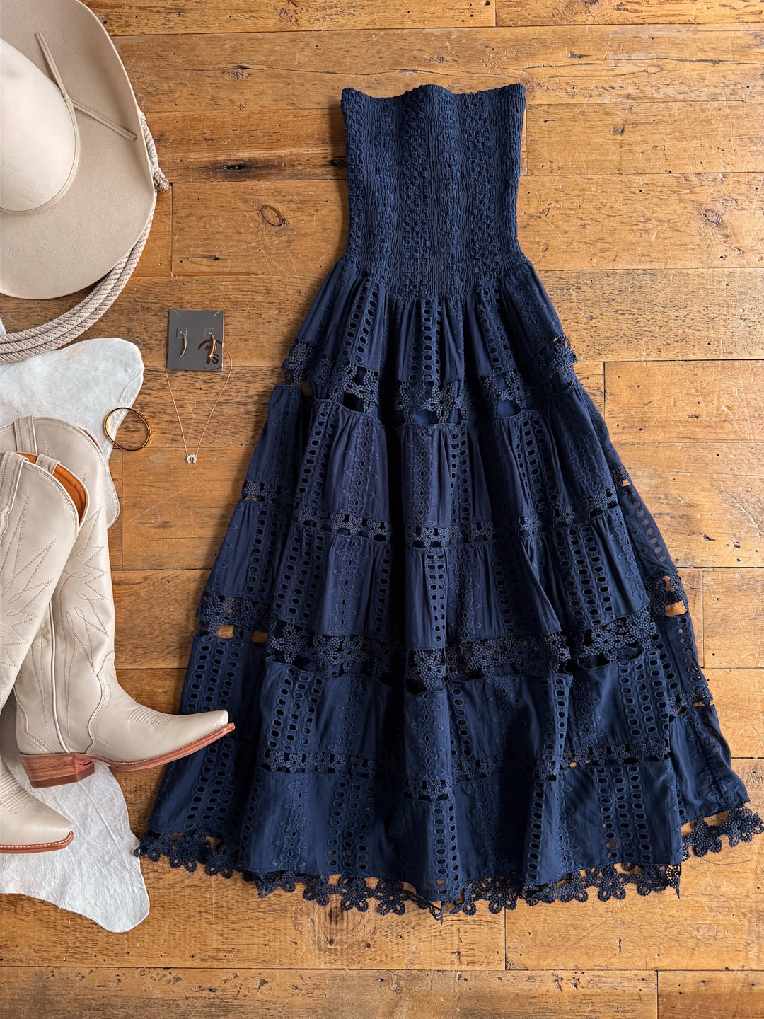 Tekoa Navy Crochet Strapless Dress