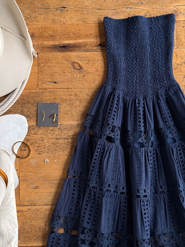 Tekoa Navy Crochet Strapless Dress