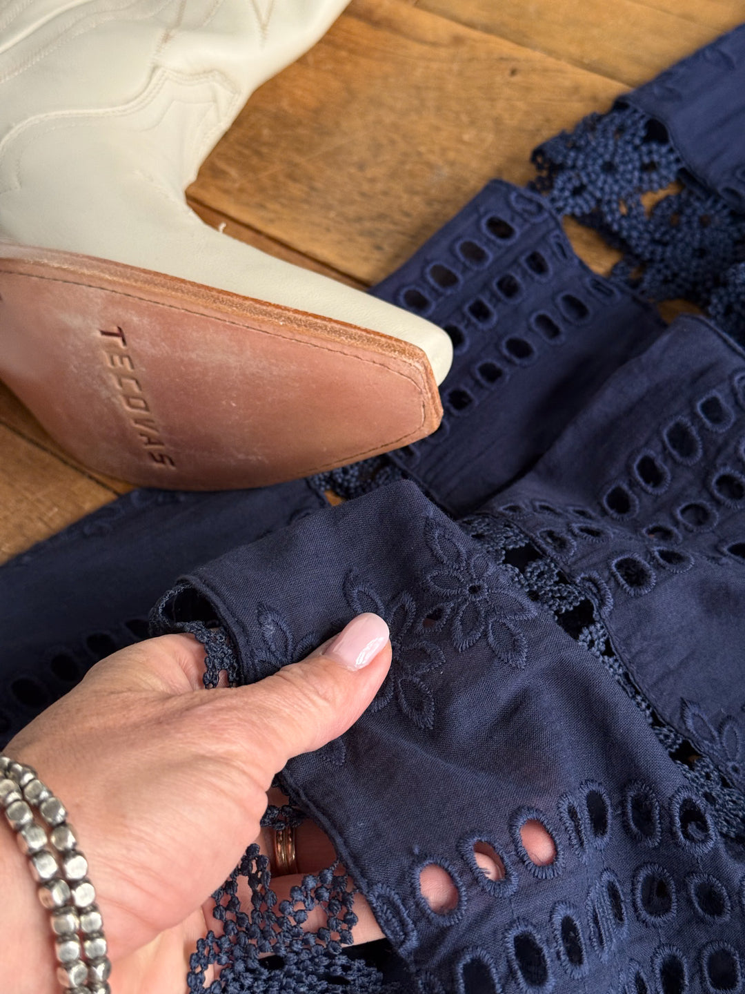 Tekoa Navy Crochet Strapless Dress
