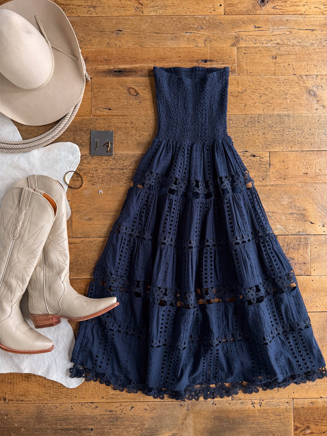 Tekoa Navy Crochet Strapless Dress