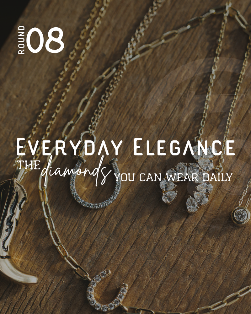 Gold necklaces with diamond pendants, featuring horseshoe and crescent designs, are displayed on a wooden surface. Overlaid text reads: Round 08. Everyday Elegance. Discover the diamonds you can wear every day.