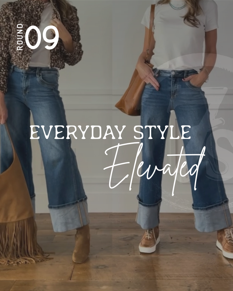 Two women wear white tops and wide-leg cuffed jeans, standing side by side. One sports a leopard jacket and fringed bag; the other holds a tan purse. The text reads, “Everyday Style Elevated. Round 09.”.