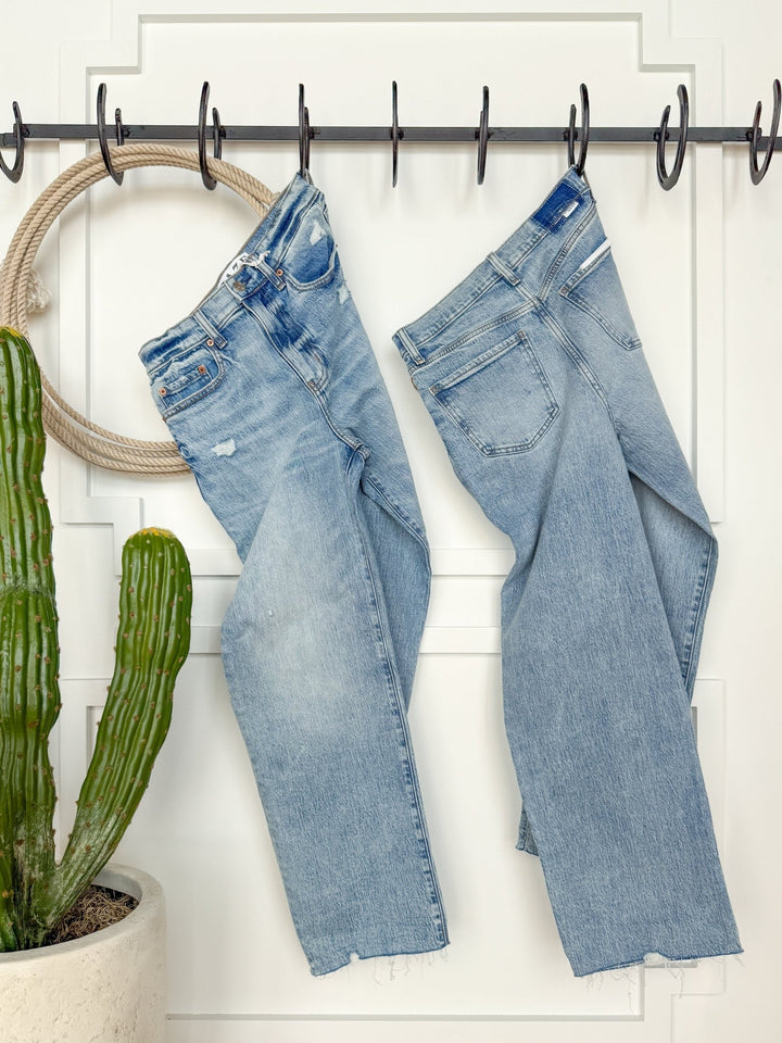 Two pairs of Savannah Sevens western life{&}style’s The Andie High Rise 90's Wide Leg Jeans hang from black hooks on a wall-mounted rod. Below, a green potted cactus sits to the left, with a rope circle also hanging from the rod in back.