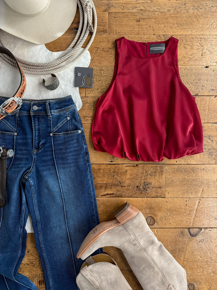Aniwa Red Satin Bubble Hem Top