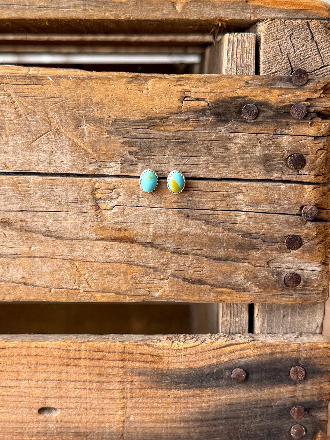 A pair of Anoka Turquoise Stud Earrings by Savannah Sevens western life{&}style, featuring small round Kingman turquoise stones set in sterling silver edges, are displayed on a rustic wooden surface with visible nails and grain.
