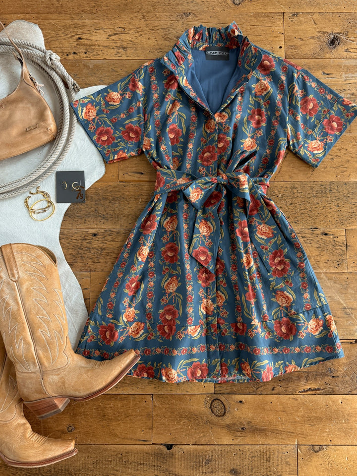Antigo Teal Floral Button Up Dress