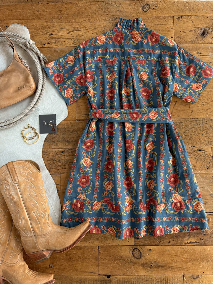 Antigo Teal Floral Button Up Dress
