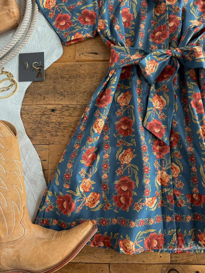 Antigo Teal Floral Button Up Dress