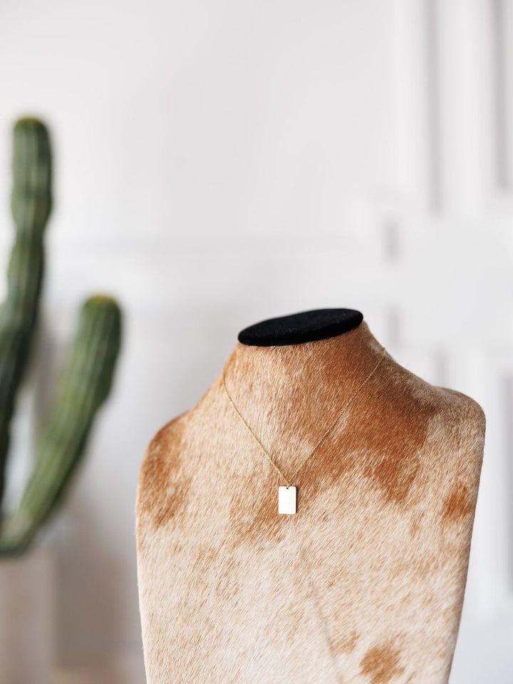 The Avera Necklace by Savannah Sevens western life{&}style, an 18K gold-coated, tarnish-resistant piece with a small rectangular pendant, is shown on a cowhide bust with a blurred green cactus and white wall in the background.