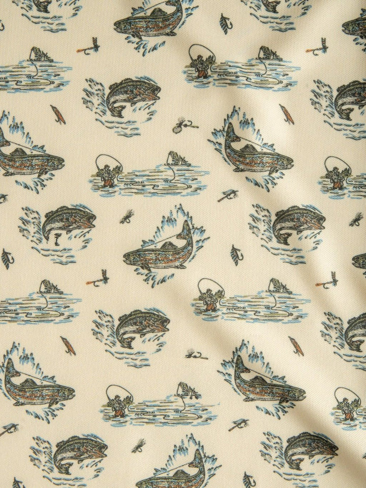 Crafted by Savannah Sevens western life{&}style, the Big Bass Cinch Men's Graphic Polo features beige fabric adorned with a repeating pattern of illustrated fish leaping from water, fishing flies, nets, and gentle ripples in understated blue, green, brown, and black hues. The fabric has a slightly wrinkled appearance and is ideal for moisture-wicking bass fishing shirts or ArenaFlex polos.