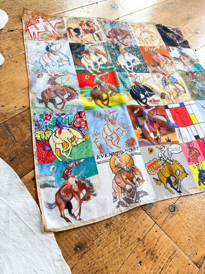 The Bronc Neck Scarf by Savannah Sevens western life{&}style showcases retro bronc graphics of horses and riders in various styles and colors, arranged in a grid pattern on colorful fabric.