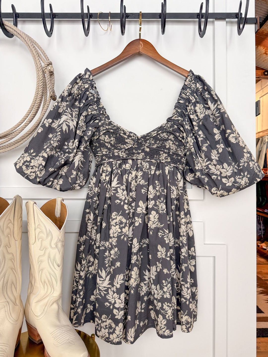 Chanute Charcoal Floral Puff Sleeve Dress
