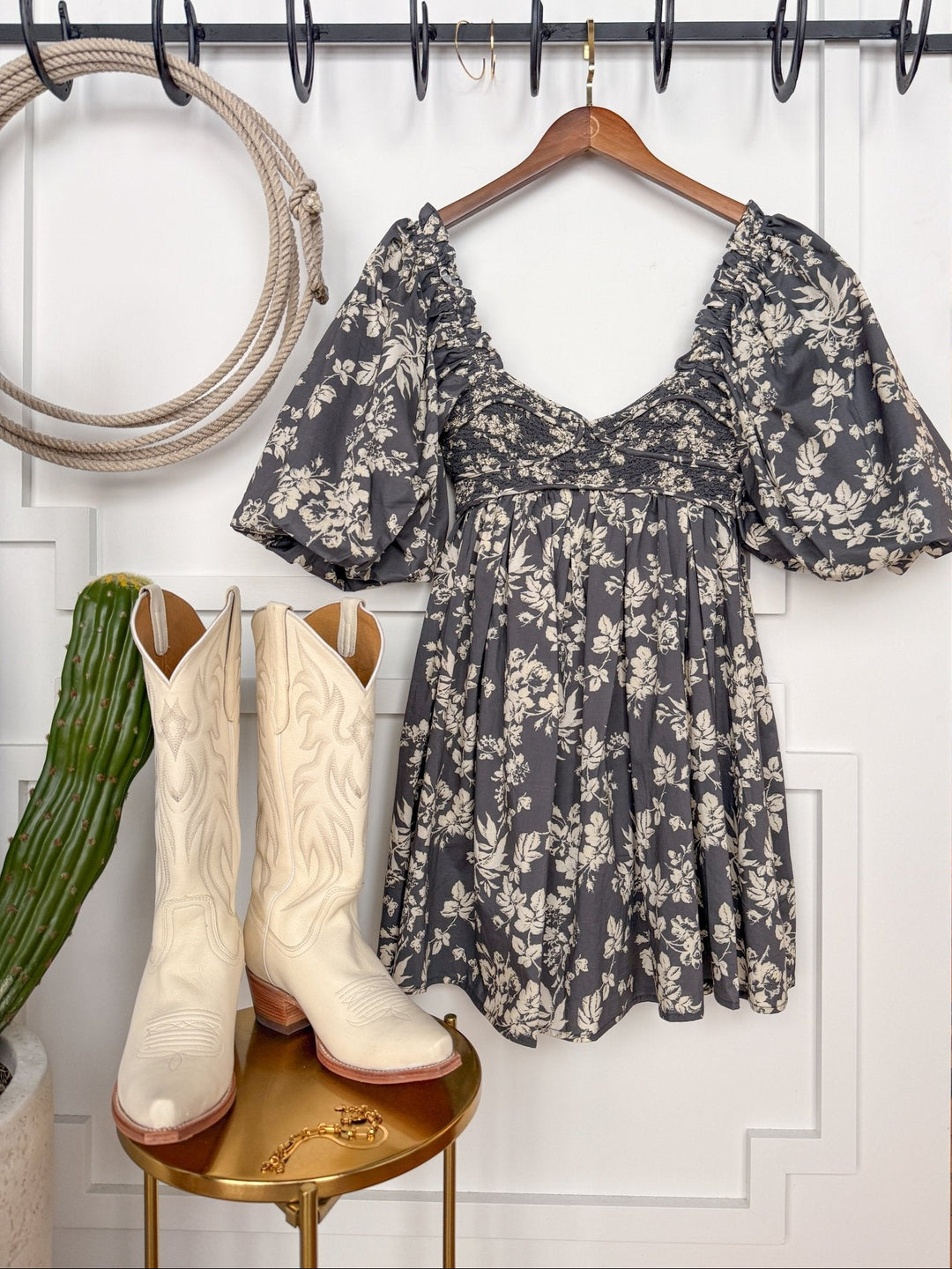 Chanute Charcoal Floral Puff Sleeve Dress