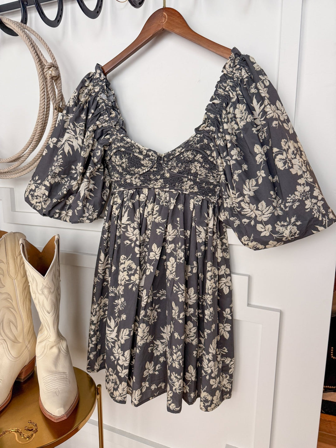 Chanute Charcoal Floral Puff Sleeve Dress