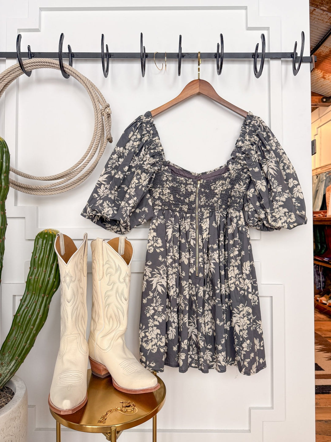 Chanute Charcoal Floral Puff Sleeve Dress