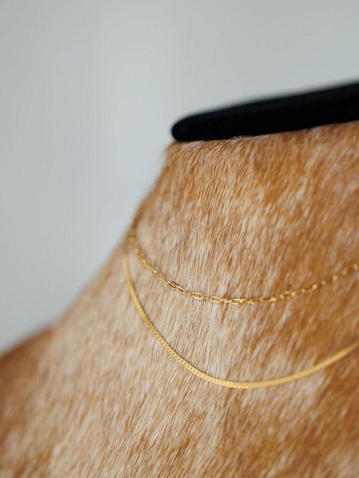 Close-up of two Chenoa Necklaces by Savannah Sevens western life{&}style, made with 18K gold fill, shown resting on the tan short fur of an animal against a neutral blurred background.