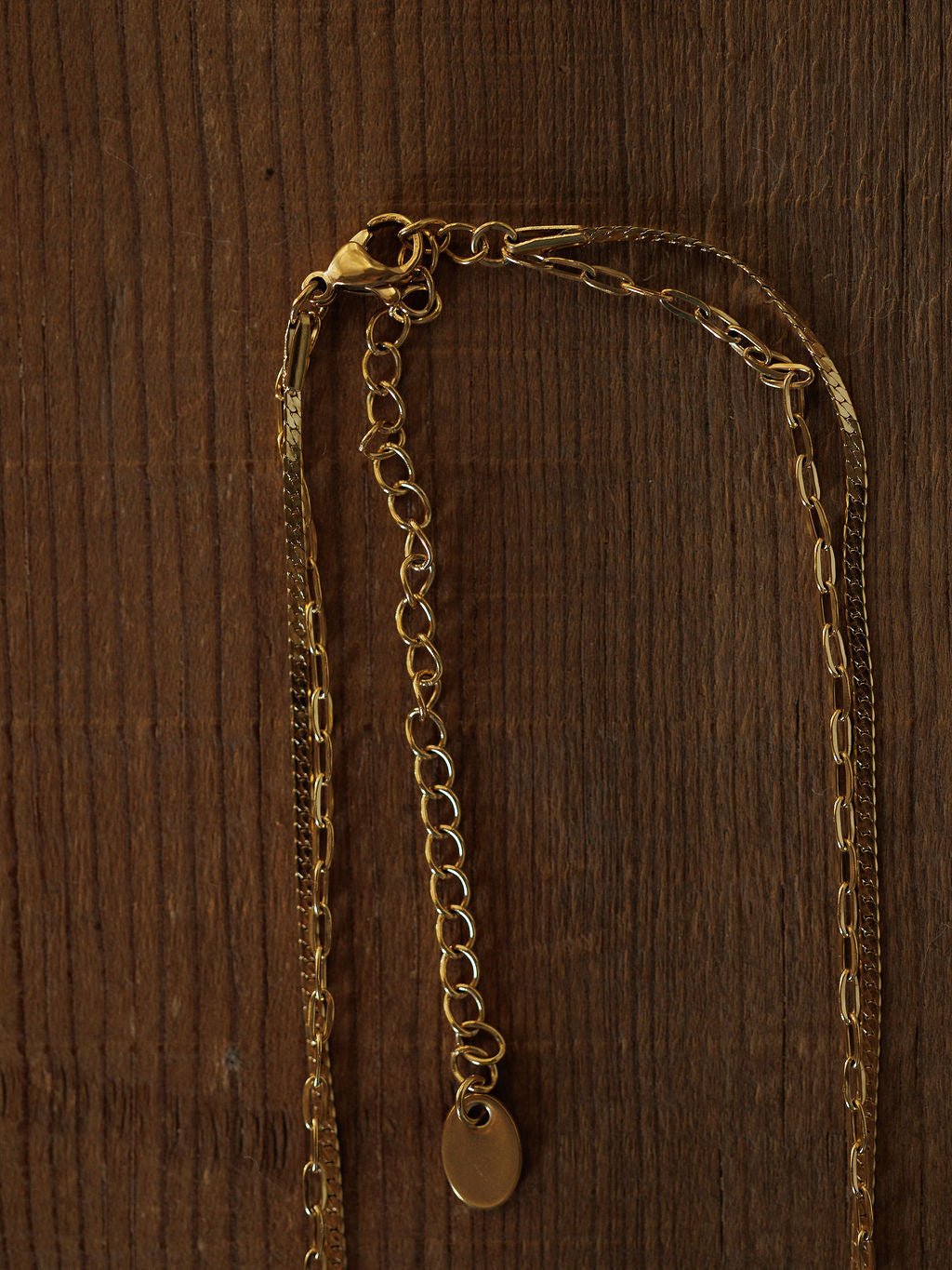 The Chenoa Necklace by Savannah Sevens western life{&}style is an 18K gold filled, hypoallergenic choker with an adjustable clasp and small oval pendant, shown on a textured wooden surface.