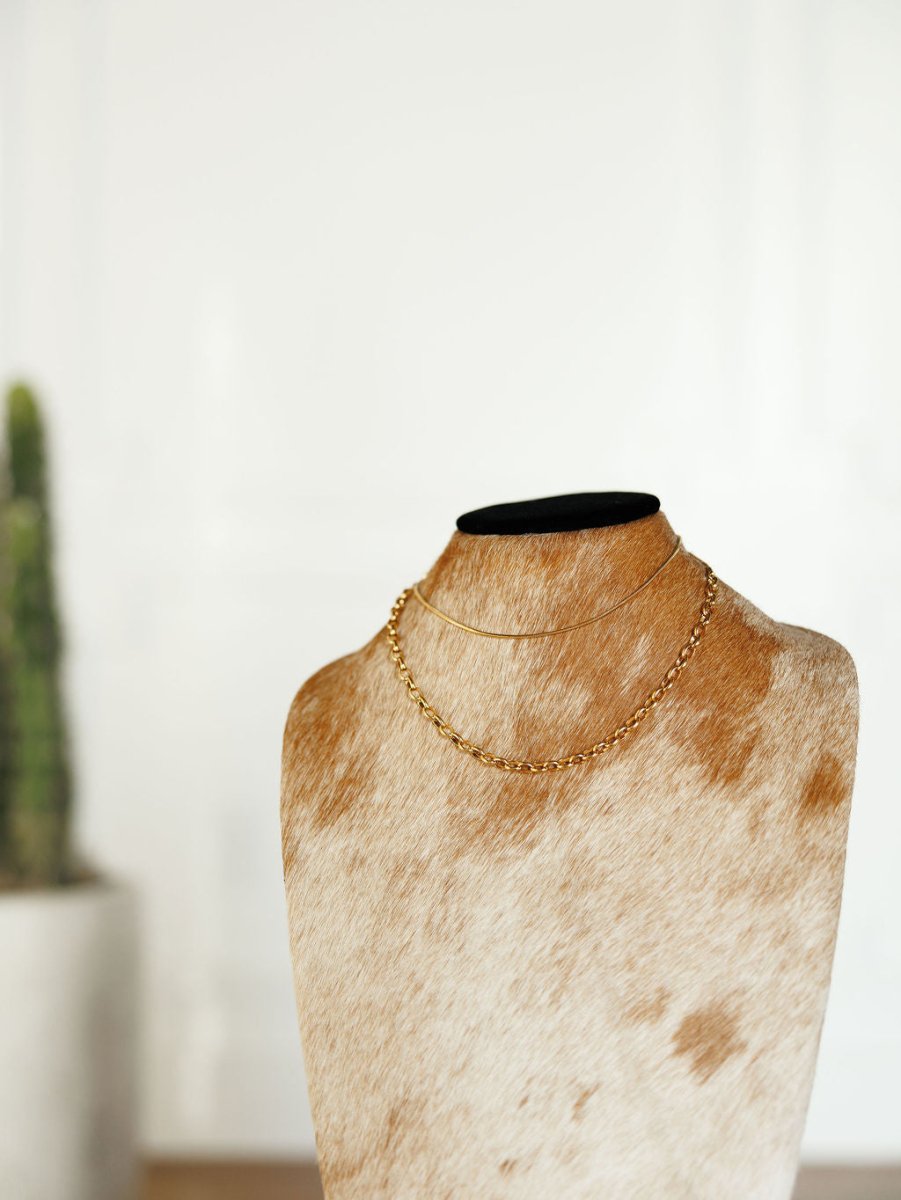 The Cheraw Necklace by Savannah Sevens western life{&}style, a gold dual chain piece, is shown on a brown and white cowhide-patterned stand with a blurred green cactus in a white pot in the background.