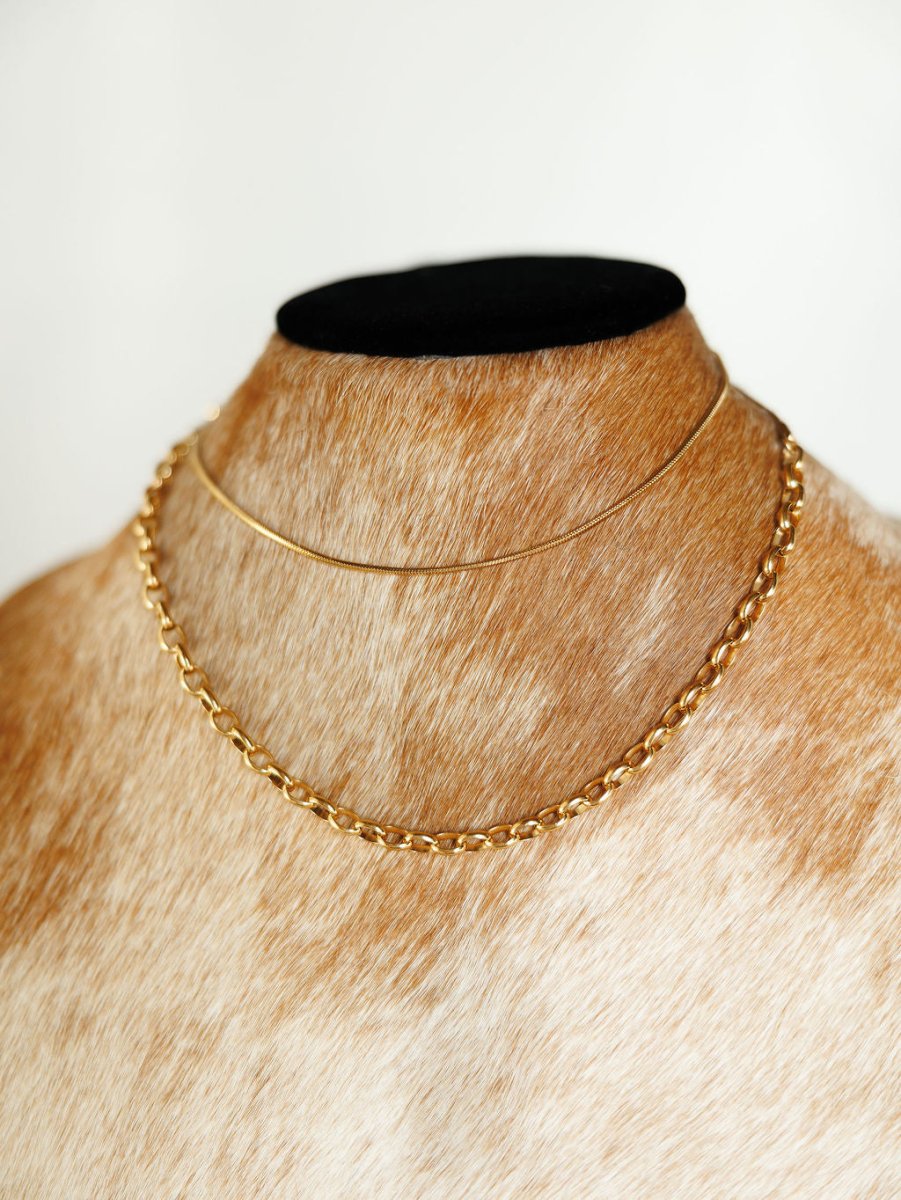 The Cheraw Necklace by Savannah Sevens western life{&}style—a gold dual chain design, one slim and one with oval links, hypoallergenic—is displayed on a cowhide bust against a plain white background.