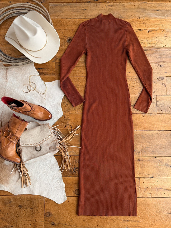 Coppell Rust Ribbed Longsleeve Dress