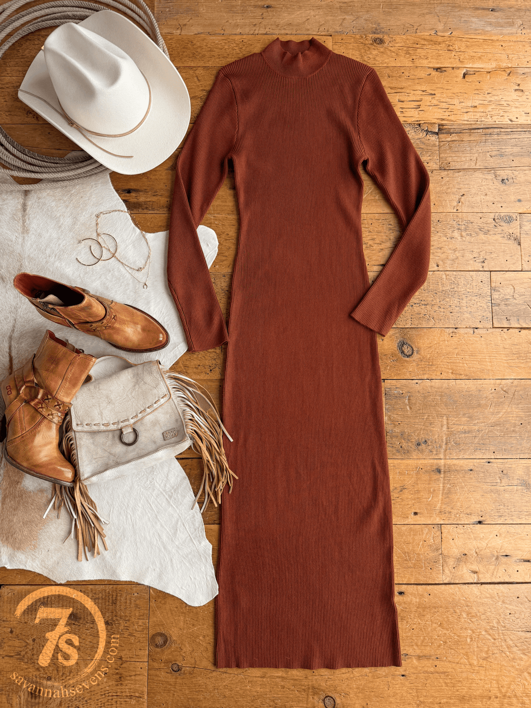 Coppell Rust Ribbed Longsleeve Dress
