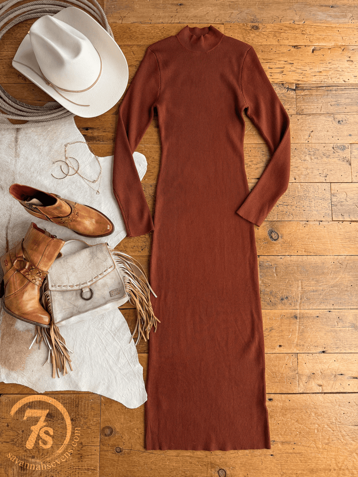 Coppell Rust Ribbed Longsleeve Dress
