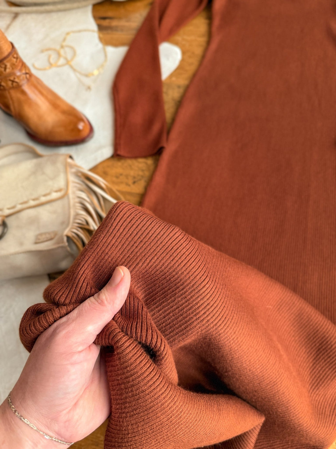 Coppell Rust Ribbed Longsleeve Dress