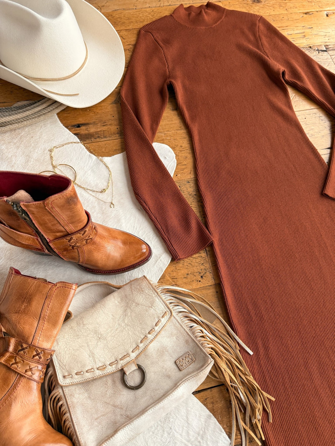Coppell Rust Ribbed Longsleeve Dress