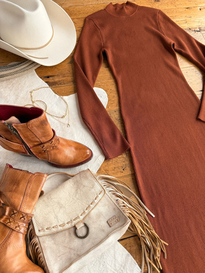Coppell Rust Ribbed Longsleeve Dress