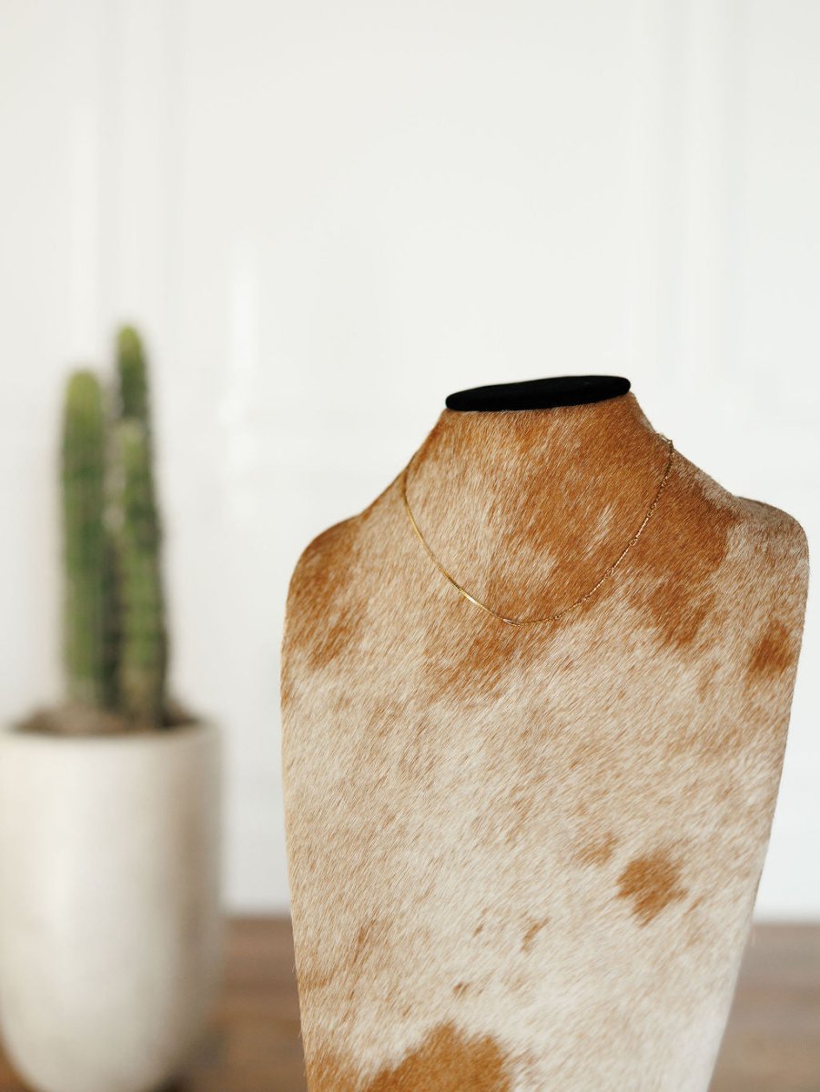 The Declo Necklace by Savannah Sevens western life{&}style is shown on a brown and white spotted stand, with a tall green cactus in a white pot softly blurred in the background.