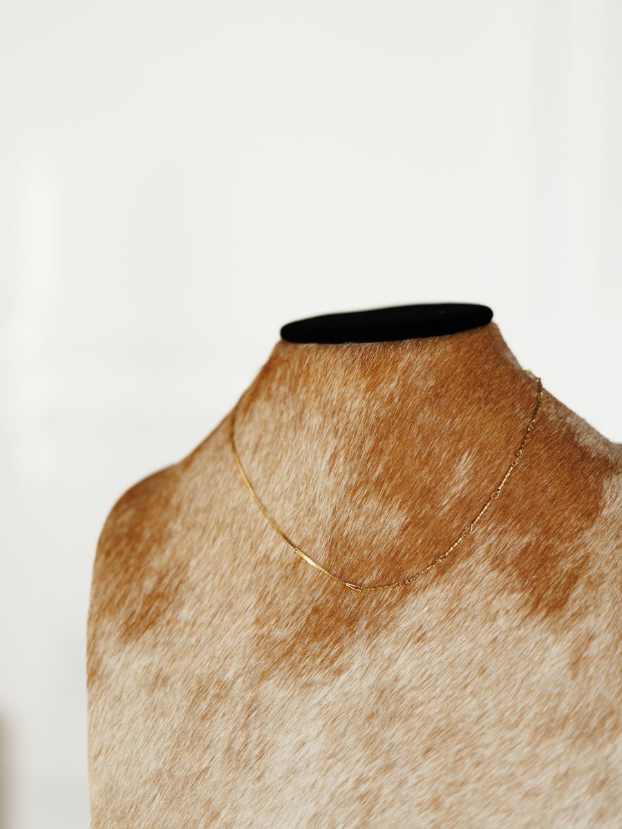 The Declo Necklace by Savannah Sevens western life{&}style, a gold-filled stainless steel piece, is shown on a brown and white speckled furry bust mannequin with a black top against a light background.