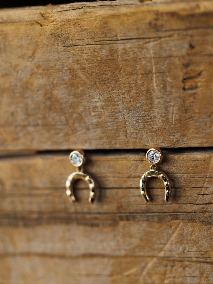 The Diamond Horseshoe Drop Earrings by Savannah Sevens western life{&}style feature 14K yellow gold with round lab grown diamonds atop diamond horseshoe charms, shown on a rustic wooden surface.