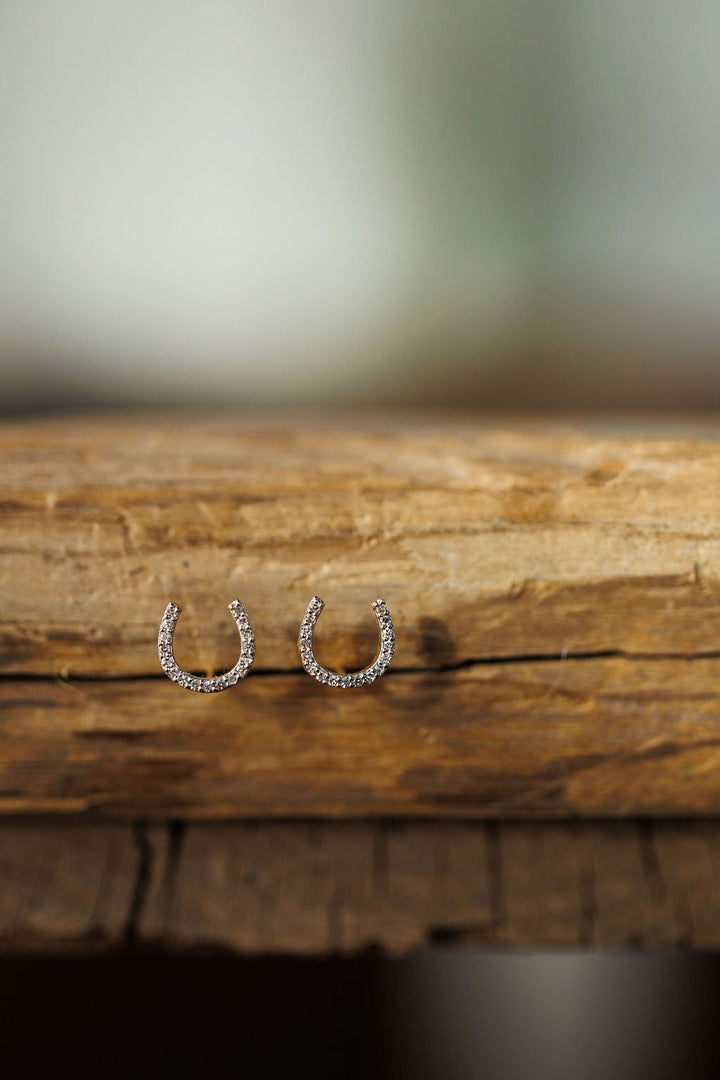 The Diamond Horseshoe Earrings by Savannah Sevens western life{&}style are upright on a rustic wooden surface, their sparkle standing out against the blurred background.
