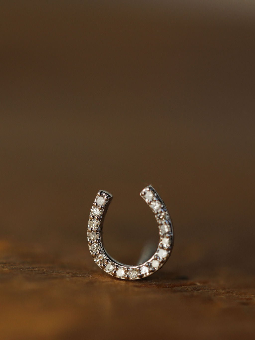 The Diamond Horseshoe Earrings by Savannah Sevens western life{&}style feature a petite, horseshoe shape set with sparkling diamonds, elegantly displayed against a soft brown backdrop.