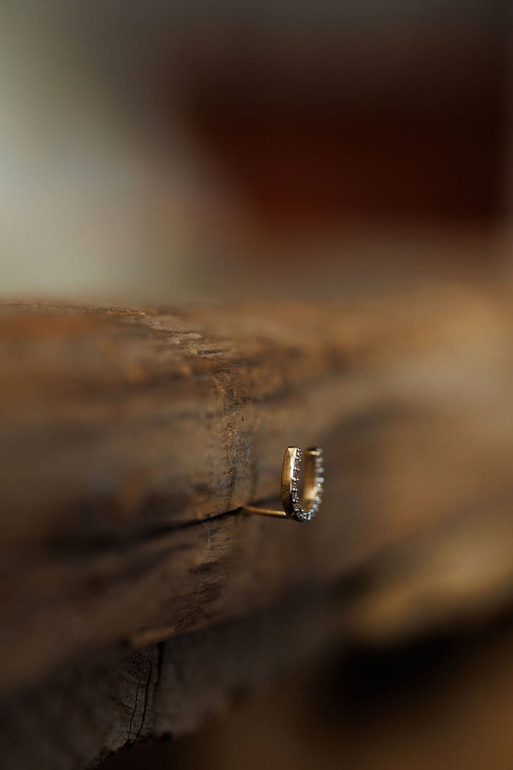 The Diamond Horseshoe Earrings by Savannah Sevens western life{&}style rest on a rustic wooden surface, their sparkling stones echoing nature-inspired style against a softly blurred background.