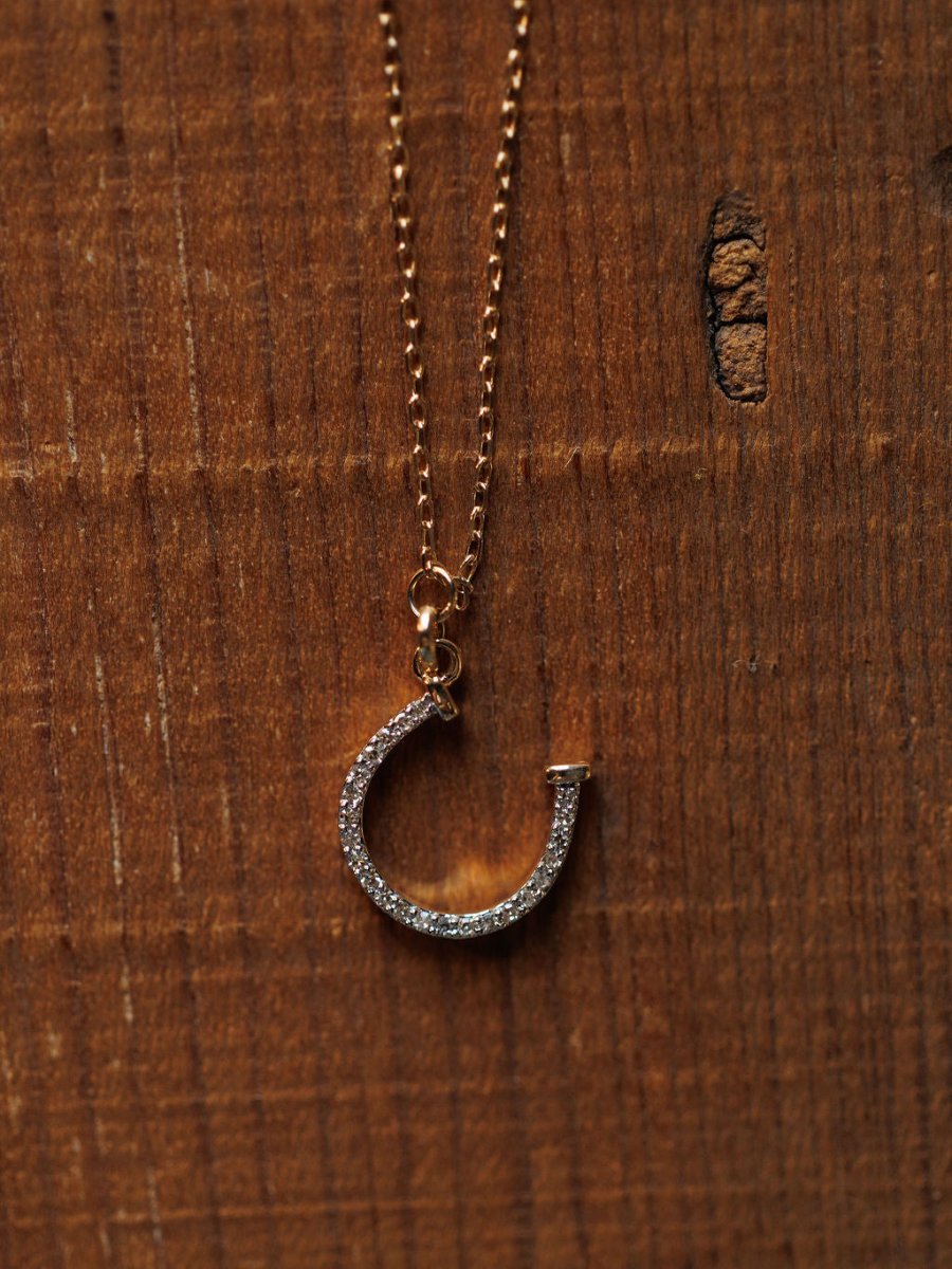 The Diamond Horseshoe Necklace by Savannah Sevens western life{&}style features a sparkling horseshoe pendant, shown on a wooden surface.