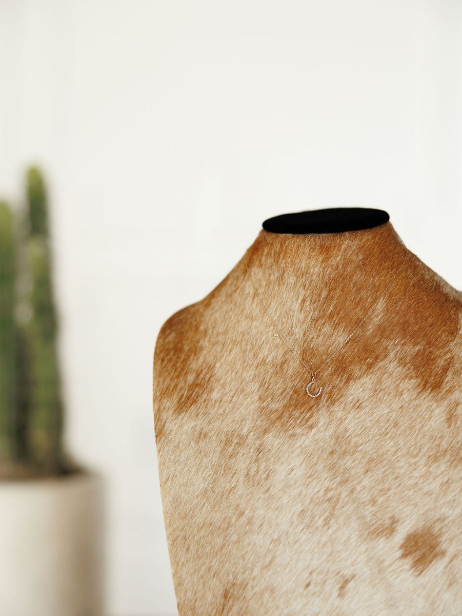 A Diamond Horseshoe Necklace by Savannah Sevens western life{&}style is displayed on a brown and white cowhide jewelry stand, with a cactus in a neutral pot softly blurred in the background.
