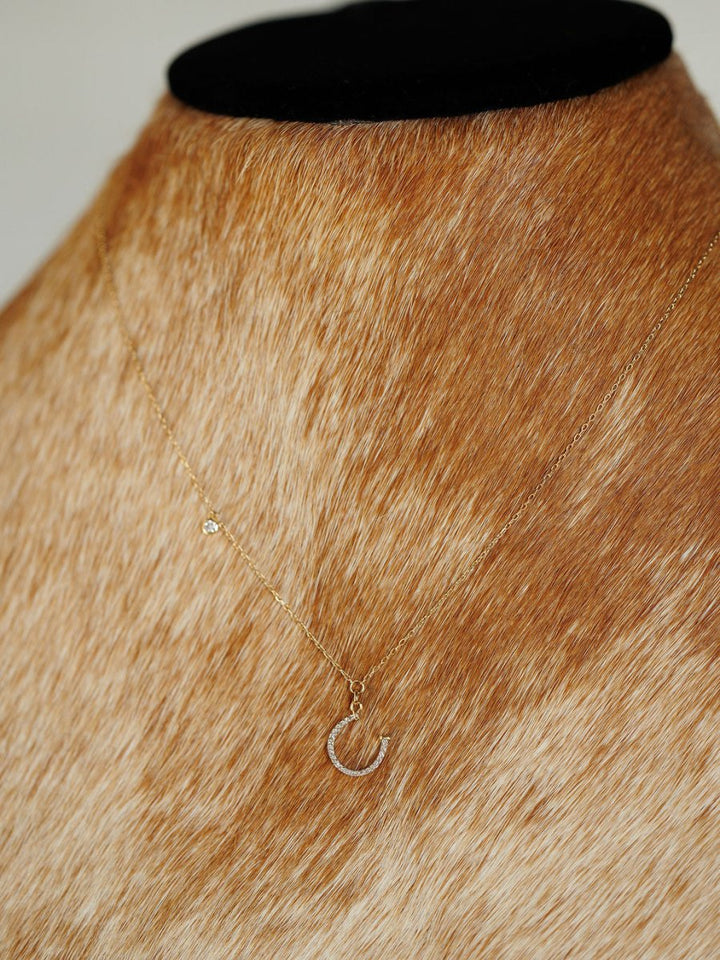 A Diamond Horseshoe Necklace by Savannah Sevens western life{&}style, featuring a small horseshoe pendant and a tiny diamond charm, displayed on a light brown and white cowhide mannequin bust.
