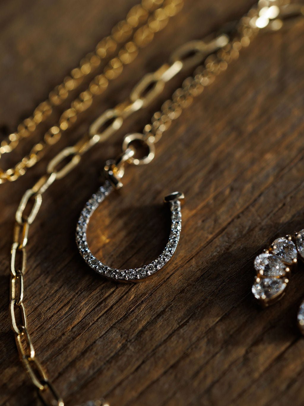 A close-up of Savannah Sevens western life{&}style's Diamond Horseshoe Necklace, 14K gold with sparkling diamonds, rests on wood beside gold chains and a jeweled accessory.  Devereaux Gold.