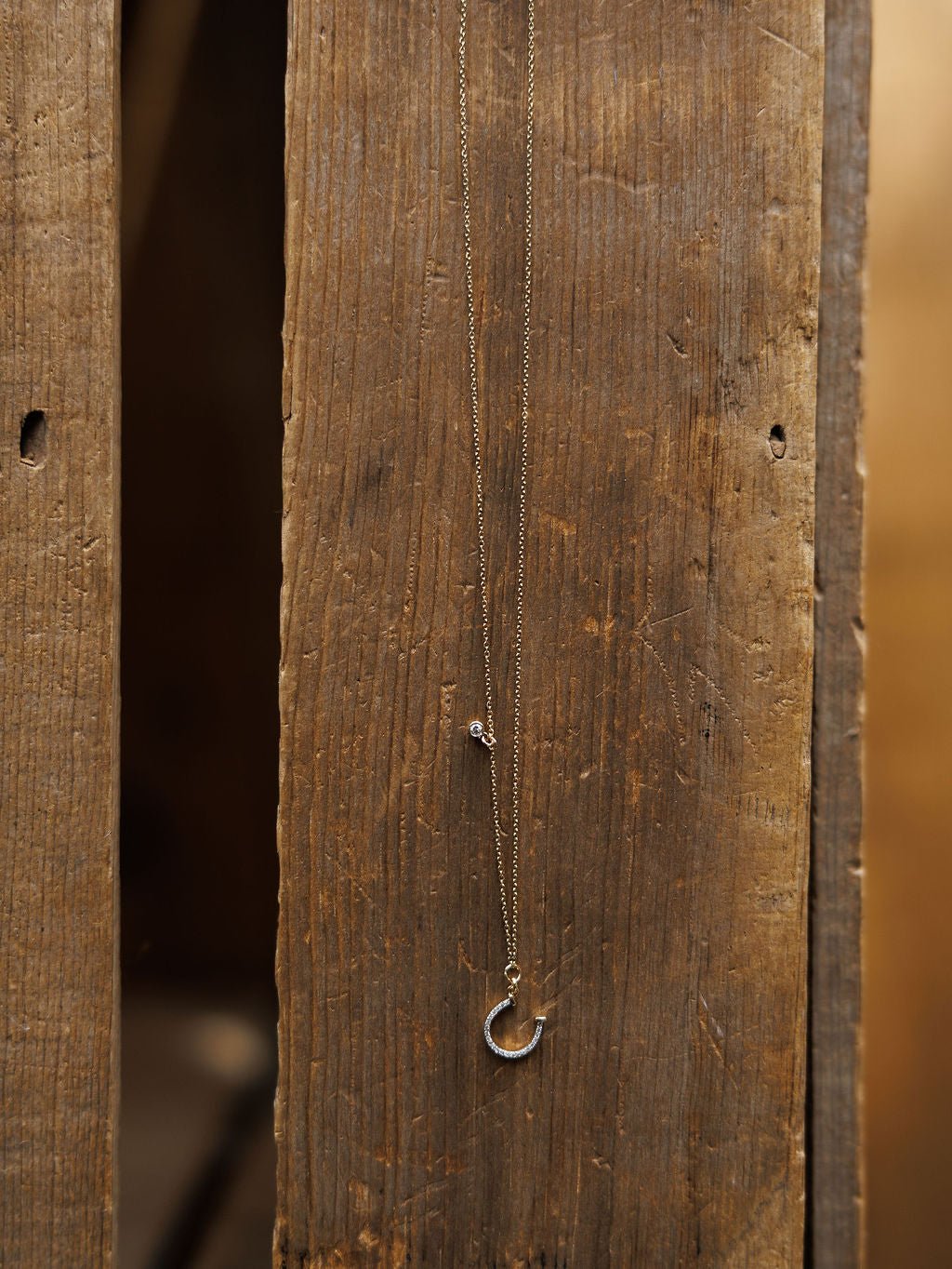 The Diamond Horseshoe Necklace by Savannah Sevens western life{&}style features a delicate design displayed against a rustic wooden plank background.