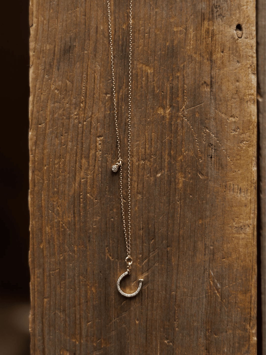 The Diamond Horseshoe Necklace by Savannah Sevens western life{&}style features a delicate 14K gold horseshoe with a small round diamond charm and crescent pendant, displayed on rustic wood. From the Devereaux Gold collection.